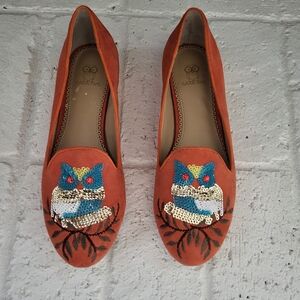 Rara Avis By Iris Apfel Orange Embroidered Women's 8.5 Sequined Owl Loafers